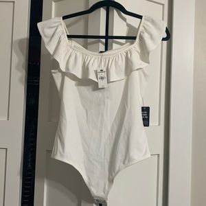 Express white off the shoulder ruffled thong bodysuit